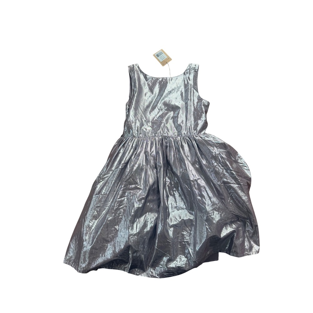 Mini Boden Silver Metallic Party Dress Puff Sleeve Twirl Sparkle Glam 11-12Y NWT